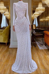 Sparkle White Sequin Long sleeves Pleated Long Semi Formal Prom Dress